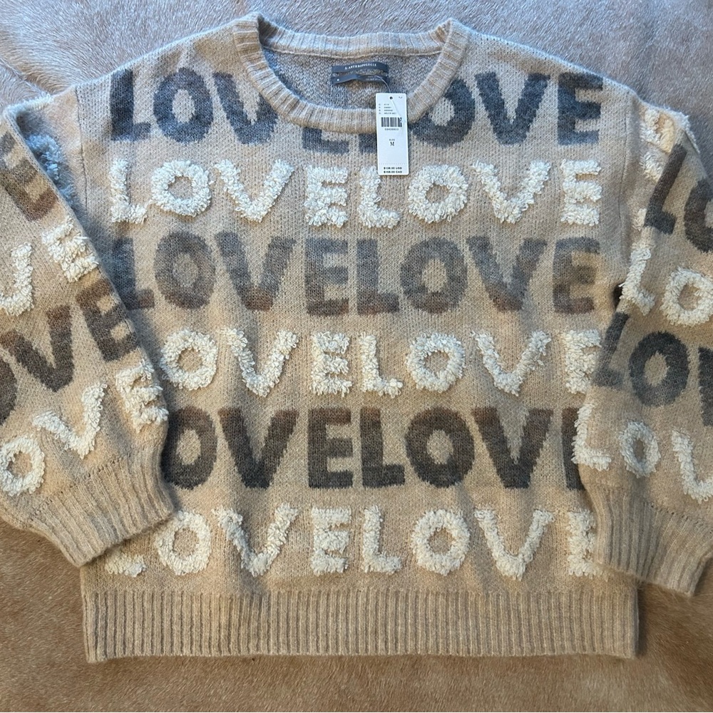Anthropologie Beige and Gray LOVE Crew Neck Sweater